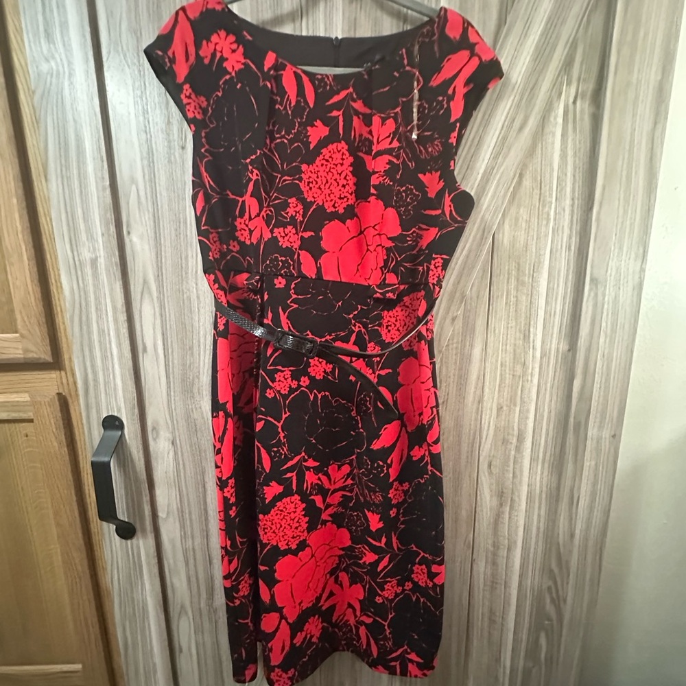 Connected Apparel Red and Black Floral Midi Dress